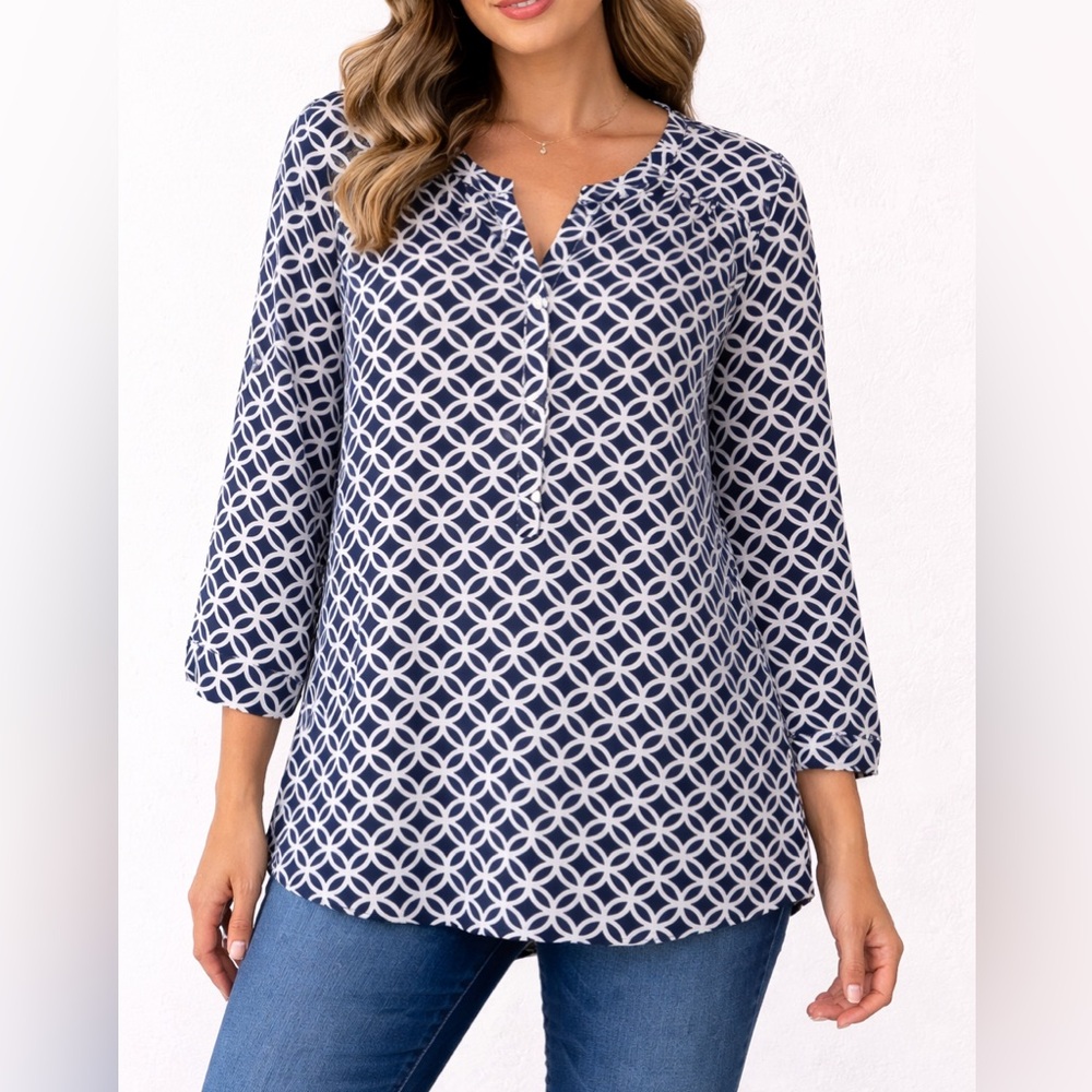 Van Heusen Womens Navy White Geometric Split Neck Tunic Workwear Chic